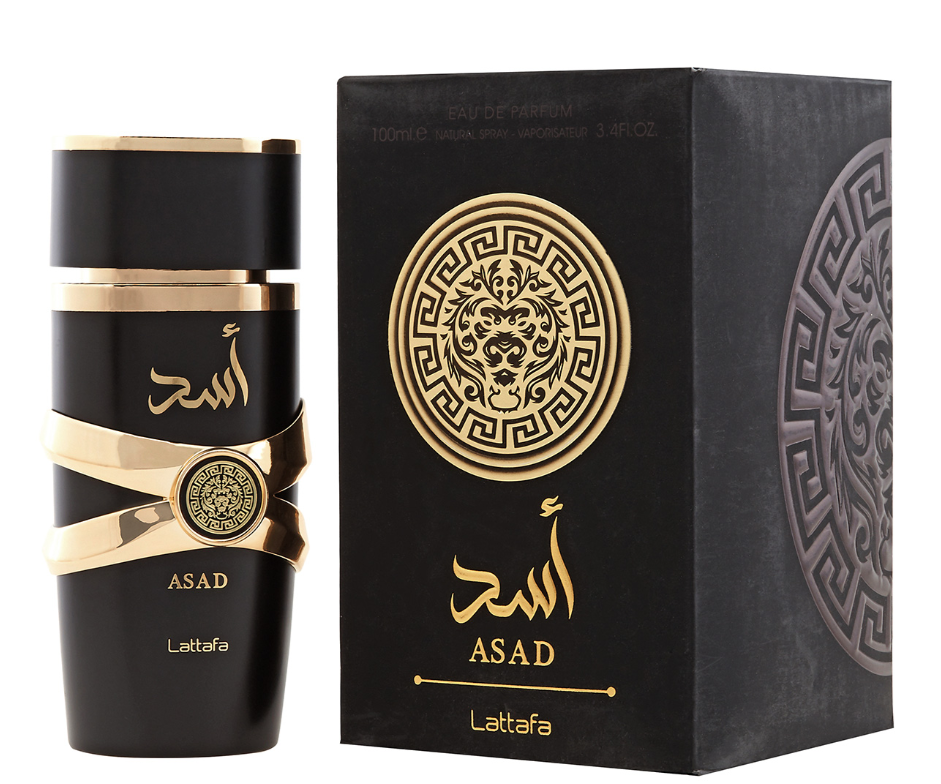 Lattafa Asad Men Eau de Parfum box and bottle 3.4oz 100ml on black background
