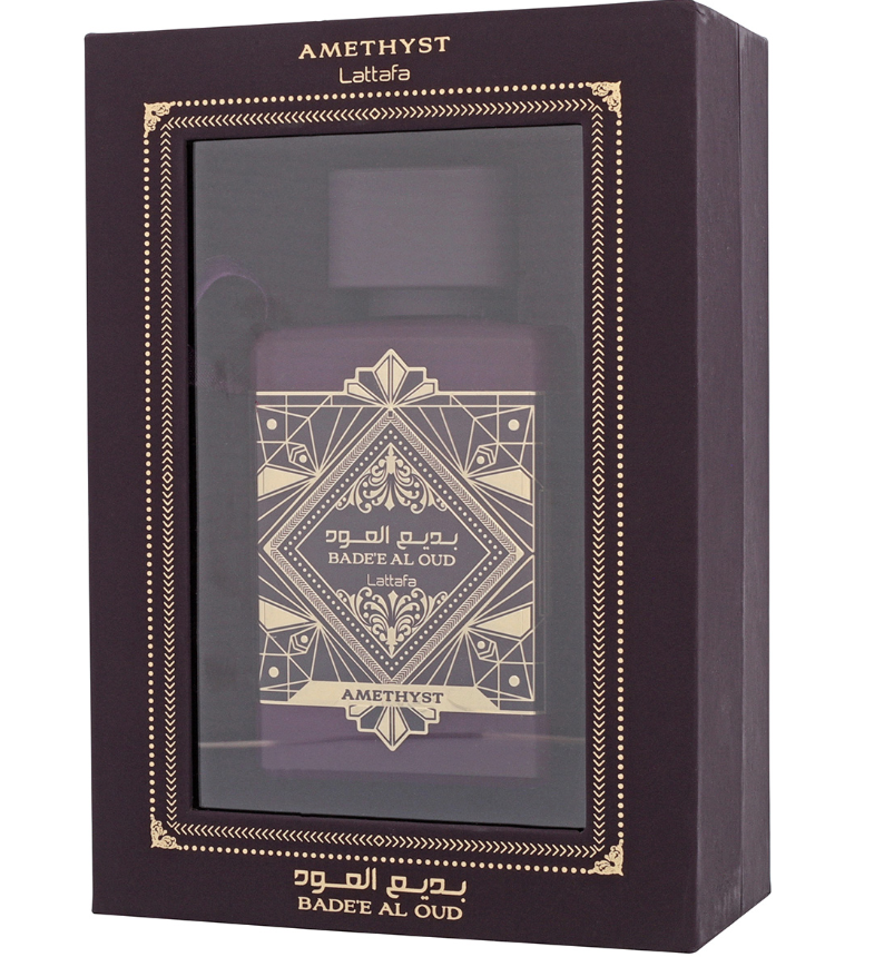 Lattafa Badee Al Oud Amethyst Eau de Parfum box and bottle 3.4oz 100ml on black background