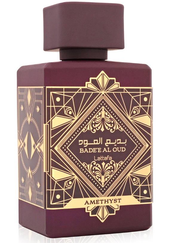 Lattafa Badee Al Oud Amethyst Eau de Parfum spray bottle 3.4oz 100ml on white background