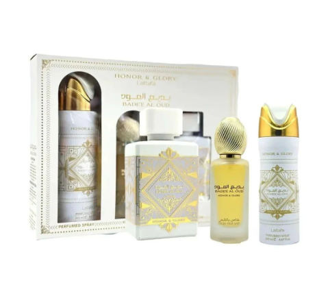 Honor & Glory Al Mawd and Al Qud perfume gift set, featuring a white and gold box with three matching fragrance bottles and a deodorant container displayed against a clean white background.