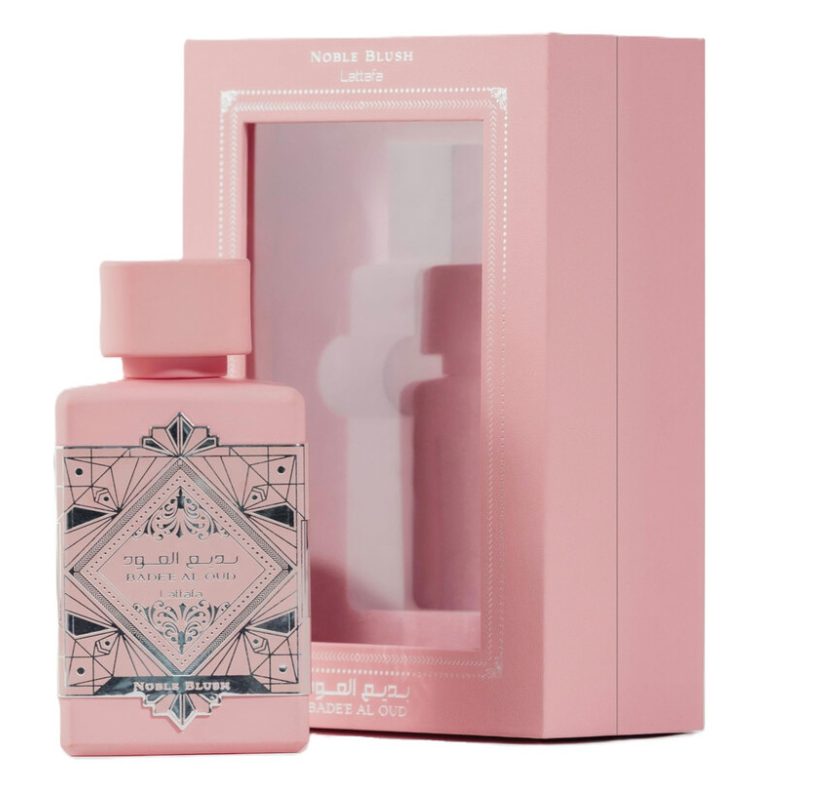 Lattafa Badee Al Oud Noble Blush Eau de Parfum box and bottle 3.4oz 100ml on white background