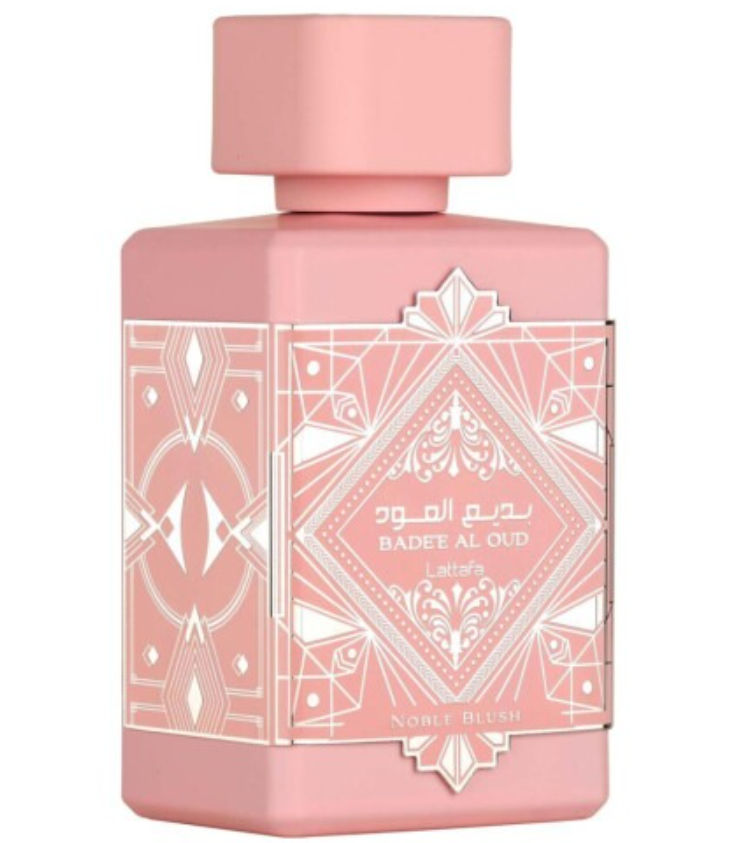 Lattafa Badee Al Oud Noble Blush Eau de Parfum spray bottle 3.4oz 100ml on white background