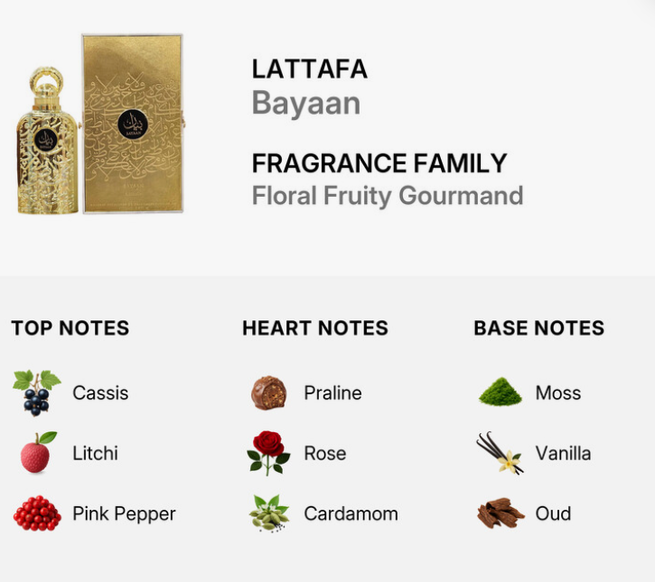 Lattafa Bayaan Women EDP 100ml warm expressive floral oriental fragrance with rose jasmine soft amber smooth woods musk sandalwood and vanilla