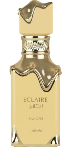 Lattafa Eclaire Banoffi Unisex Eau de Parfum spray bottle 3.4oz 100ml on white background
