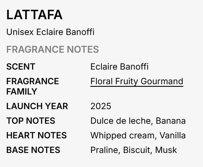 Lattafa Eclaire Banoffi Unisex EDP 100ml warm gourmand sweet fragrance with banana toffee caramel vanilla buttery warmth musk and sandalwood