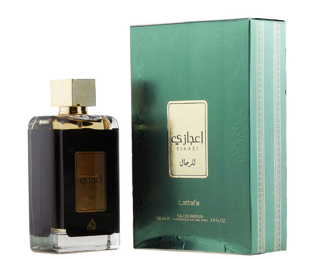 Lattafa Ejaazi Unisex Eau de Parfum box and bottle 3.4oz 100ml on black background
