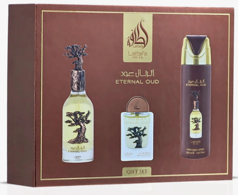 Laitera ETERNAL OUD gift set containing a 150ml cologne bottle, a 100ml spray bottle, and a matching shower gel bottle, all in brown packaging with gold accents.
