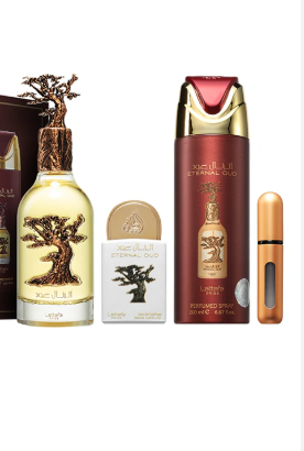 A perfume gift set featuring a large bottle of Eternal Gold Eau de Parfum with a decorative gold tree cap, a matching rectangular box, a small white box with a gold cap, a tall dark red spray bottle with gold detailing and a red cap, and a small cylindrical travel atomizer, all arranged on a plain white background.