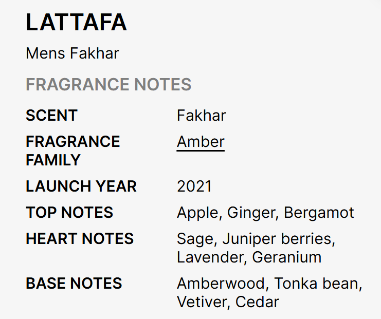 A text-based fragrance note card for Lattafa Mens Fakhar, detailing the scent as Amber with notes of Apple, Ginger, Bergamot, and others on a light gray background.