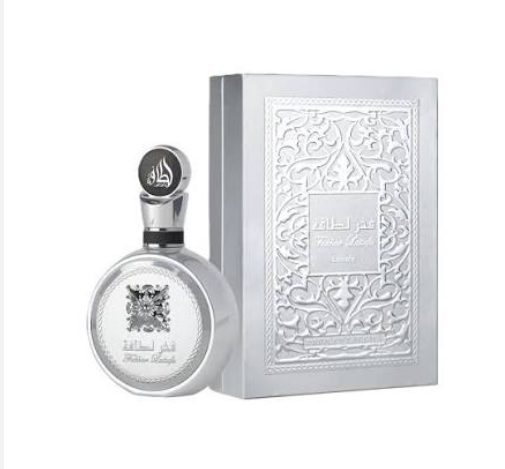 Lattafa Fakhar Platin Men Eau de Parfum box and bottle 3.4oz 100ml on white background