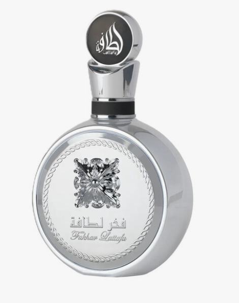 Lattafa Fakhar Platin Men Eau de Parfum spray bottle 3.4oz 100ml on white background