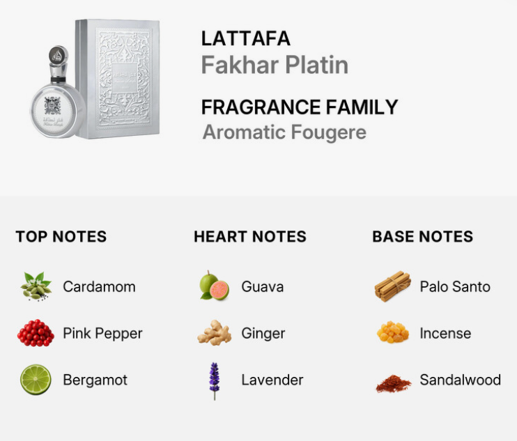Lattafa Fakhar Platin Men EDP 100ml sleek oriental woody aromatic fragrance with fresh spice smooth oud cool amber dark musk and sandalwood