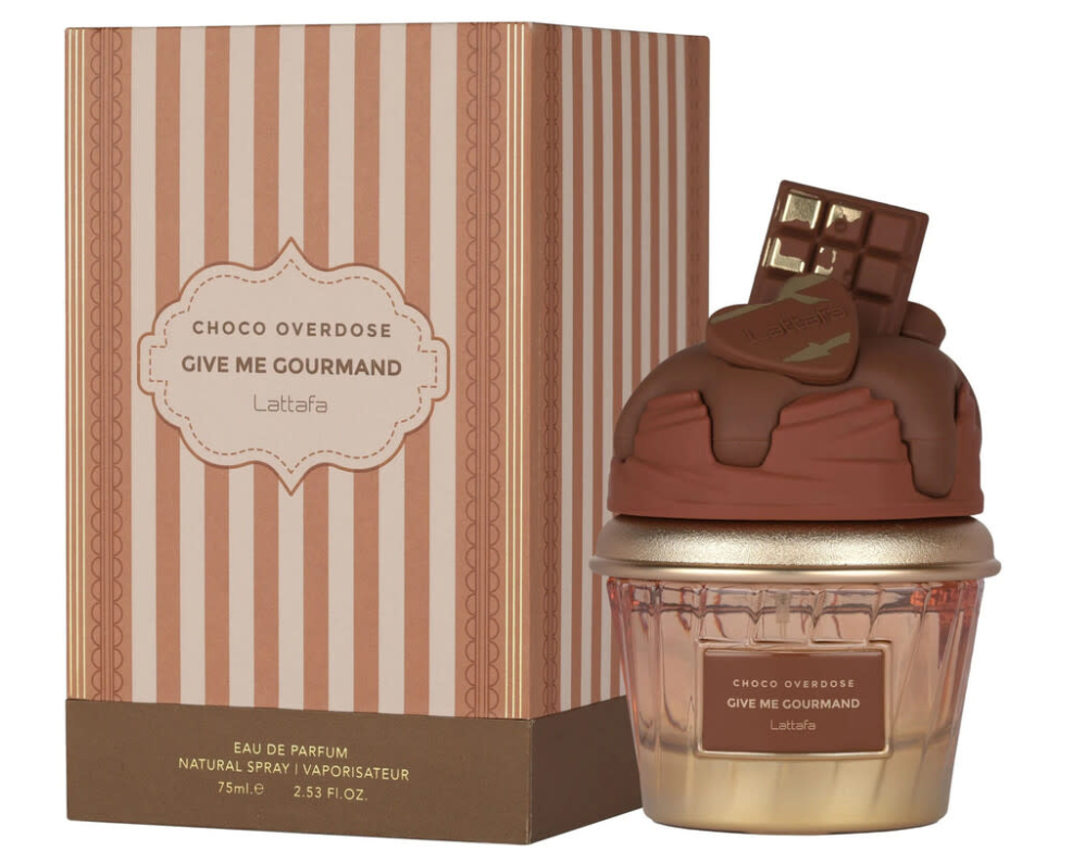 Lattafa Give Me Gourmand Choco Overdose Unisex Eau de Parfum box and bottle 2.5oz 75ml on dark background