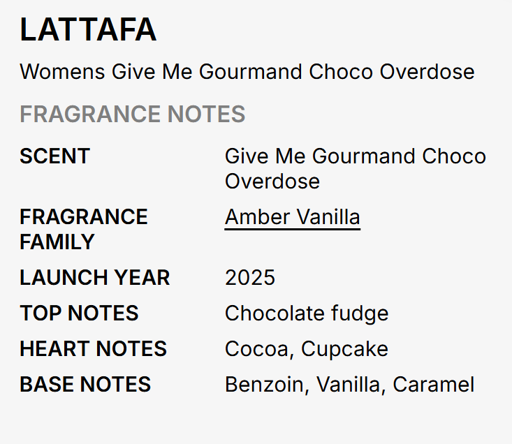 Lattafa Give Me Gourmand Choco Overdose EDP 75ml rich decadent gourmand chocolate fragrance with dark chocolate cocoa vanilla coffee praline musk and sandalwood