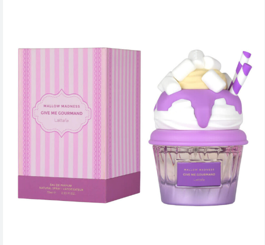 Lattafa Give Me Gourmand Wallom Madness Unisex Eau de Parfum box and bottle 2.5oz 75ml on dark background