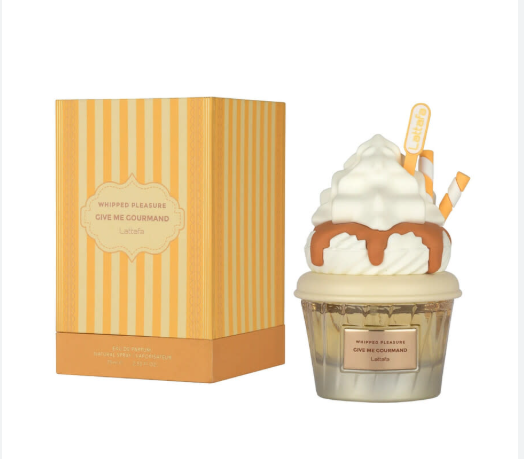 Lattafa Give Me Gourmand Whipped Pleasure Women Eau de Parfum box and bottle 2.5oz 75ml on white background