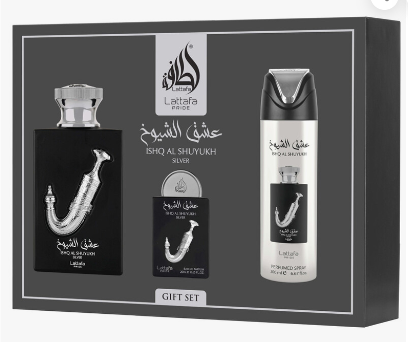 Lattafo Pride Ishq Al Shuyukh Silver gift set containing a black and silver perfume bottle, a smaller matching bottle, and a silver-and-black spray can inside a dark gray presentation box.