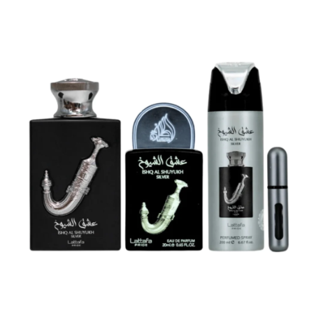 A fragrance gift set featuring a large black bottle with a silver saxophone graphic, a black spray bottle with a green saxophone graphic, a silver and black aerosol can, and a small silver atomizer, all on a plain white background.