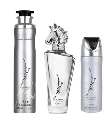 Three silver and clear fragrance products from Maahir Legacy are displayed against a white background: an Air Freshener bottle, a Latife perfume bottle with a horse-shaped cap, and a Latife spray bottle.