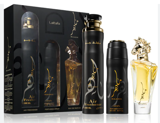 A luxury men's fragrance set from Lattafa and Maahir, featuring a black presentation box and four matching bottles in matte black with gold Arabic calligraphy and metallic accents, alongside a clear glass bottle filled with golden-yellow fragrance.