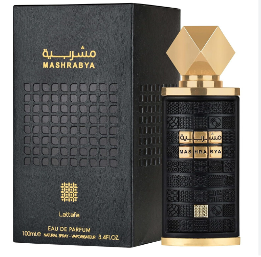 Lattafa Mashrabya Unisex Eau de Parfum box and bottle 3.4oz 100ml on white background