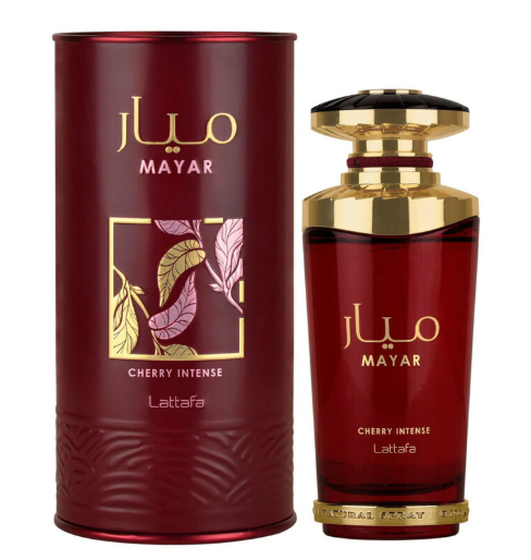Lattafa Mayar Cherry Intense Unisex Eau de Parfum box and bottle 3.4oz 100ml on dark background