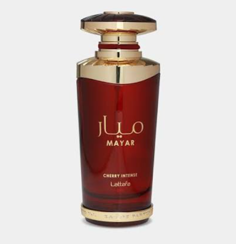 Lattafa Mayar Cherry Intense Unisex Eau de Parfum spray bottle 3.4oz 100ml on white background