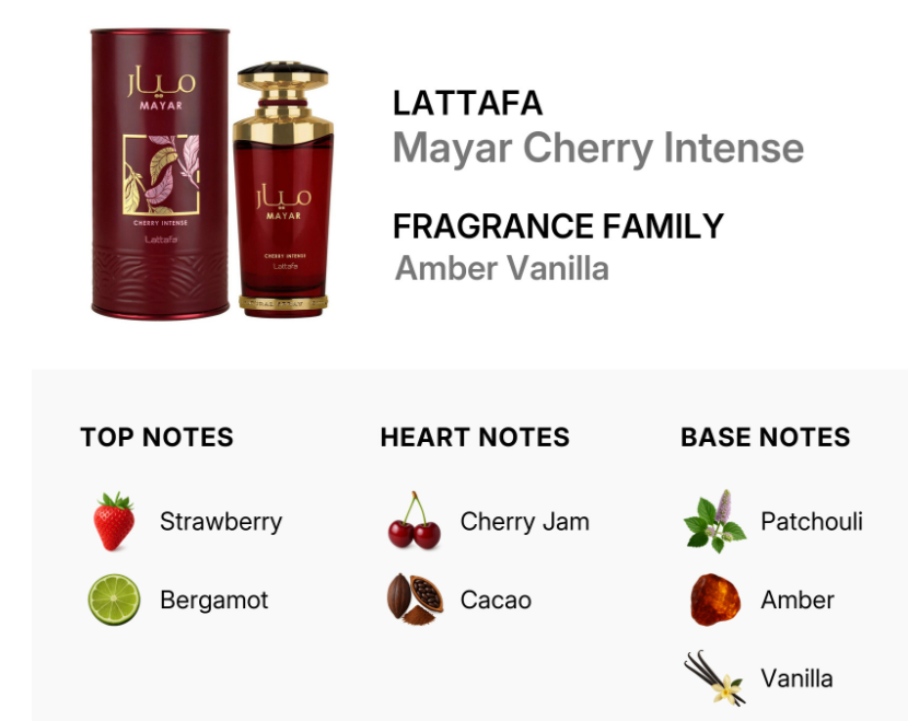 Lattafa Mayar Cherry Intense Unisex EDP 100ml bold fruity oriental fragrance with dark cherry warm amber rose gentle spice dark musk sandalwood and vanilla