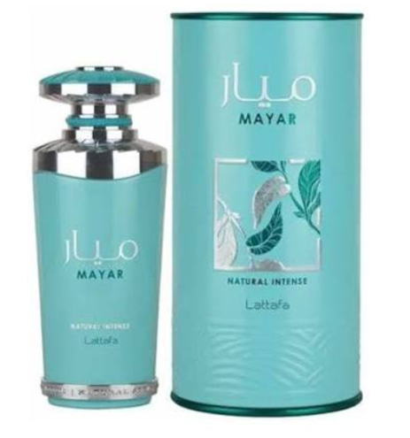 Lattafa Mayar Natural Intense Women Eau de Parfum box and bottle 3.4oz 100ml on white background