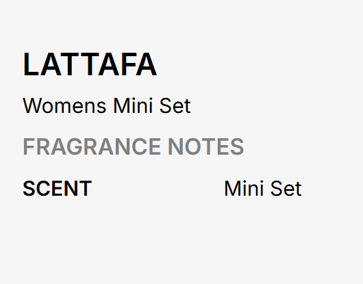 A minimalist white card with black and gray text reading 'LATTAFA', 'Womens Mini Set', 'FRAGRANCE NOTES', and 'SCENT Mini Set'.