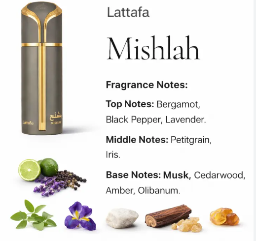 Lattafa Mishlah Unisex EDP 100ml warm regal oriental oud resinous fragrance with aromatic spice deep oud precious amber rose incense dark musk and sandalwood