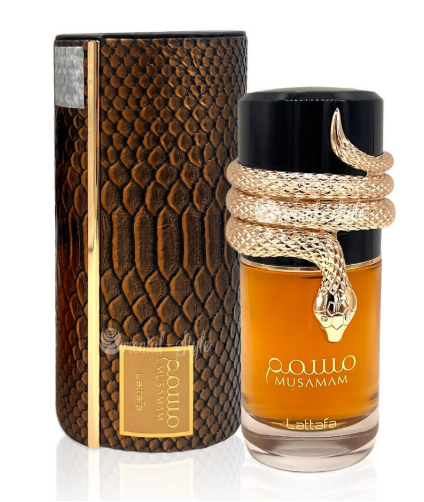 Lattafa Musamam Unisex Eau de Parfum box and bottle 3.4oz 100ml on white background