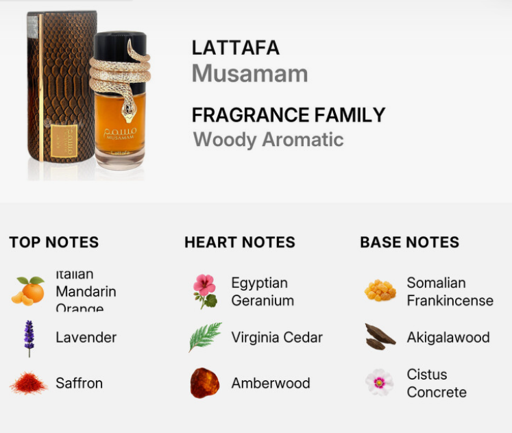 Lattafa Musamam Unisex EDP 100ml deep commanding oriental oud resinous fragrance with deep spice precious amber rose smooth woods warm incense dark musk and sandalwood