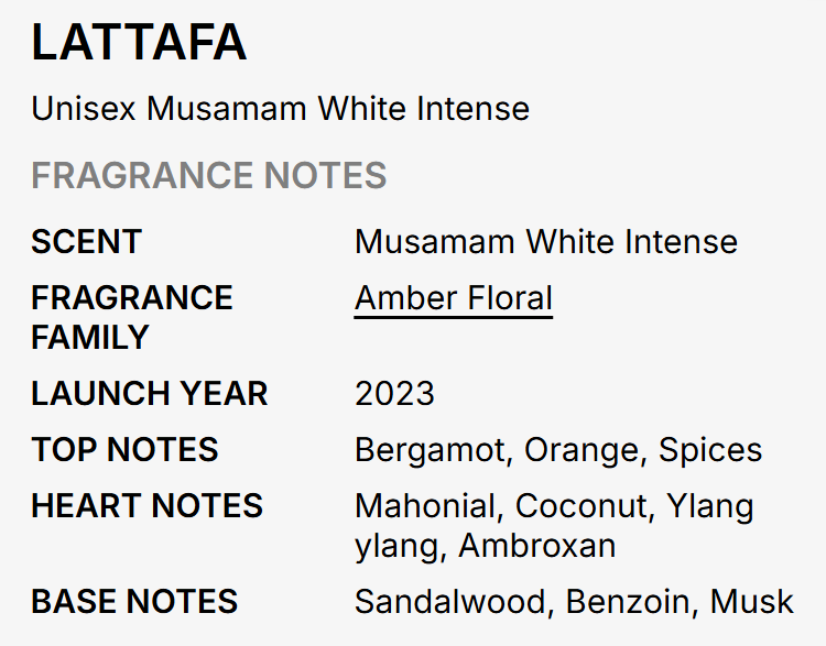 Lattafa Musamam White Intense Unisex EDP 100ml clean luminous oriental woody white musk fragrance with white florals white musk smooth woods amber clarity and sandalwood