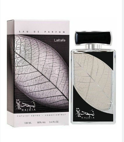 Lattafa Najdia Unisex Eau de Parfum box and bottle 3.4oz 100ml on dark background