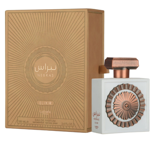 Lattafa Nebras Elixir Unisex Eau de Parfum box and bottle 3.4oz 100ml on dark background