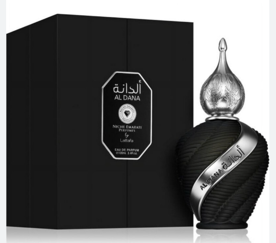 Lattafa Niche Emarati Al Dana Unisex Eau de Parfum box and bottle 3.4oz 100ml on white background