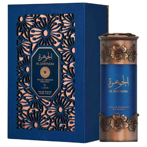 Lattafa Niche Emarati Al Jawhara Unisex Eau de Parfum box and bottle 3.4oz 100ml on dark background