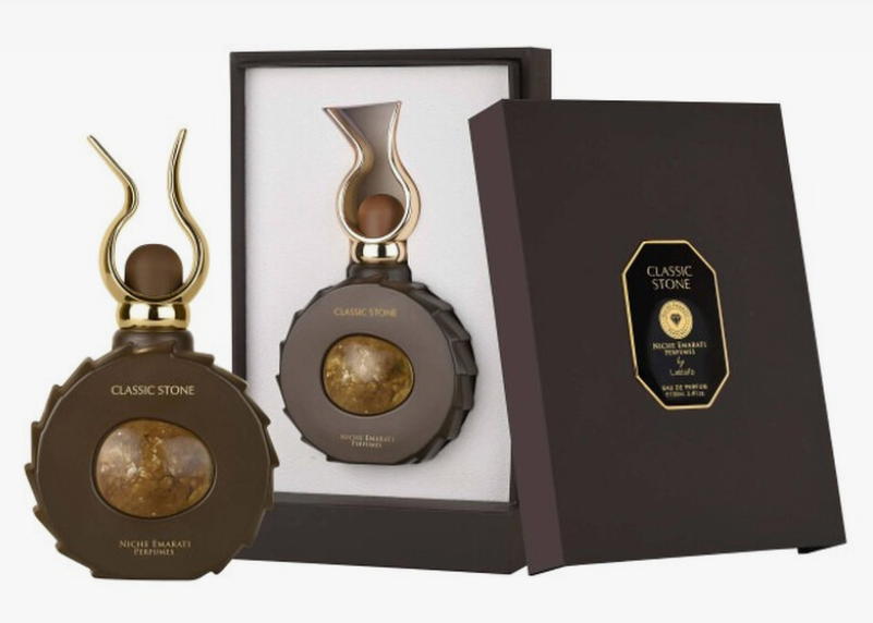 Lattafa Niche Emarati Classic Stone Unisex Eau de Parfum box and bottle 3.4oz 100ml on dark background