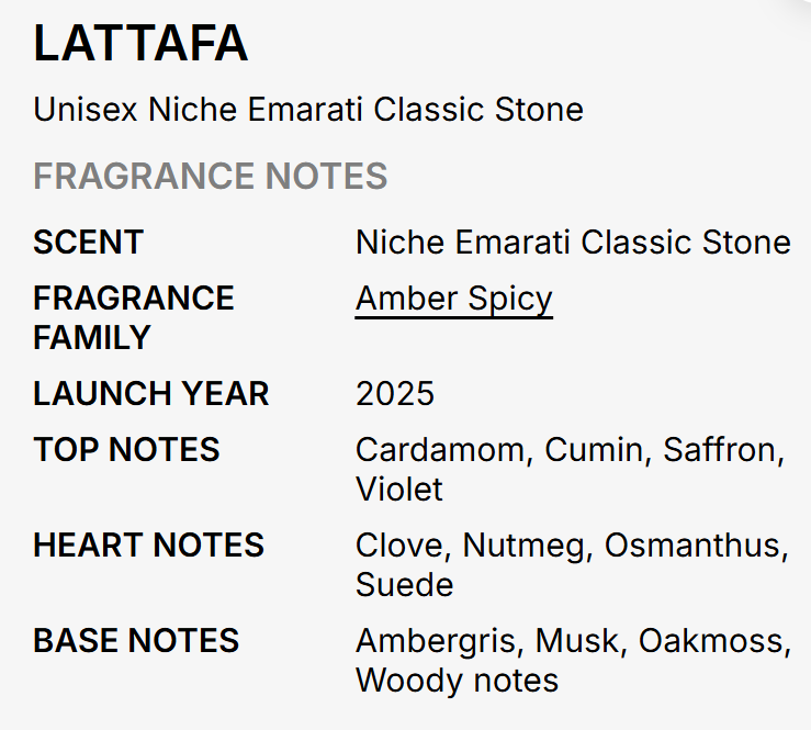Lattafa Niche Emarati Classic Stone Unisex EDP 100ml warm grounded oriental woody resinous fragrance with mineral warmth deep oud amber woody spice rose incense dark musk and sandalwood