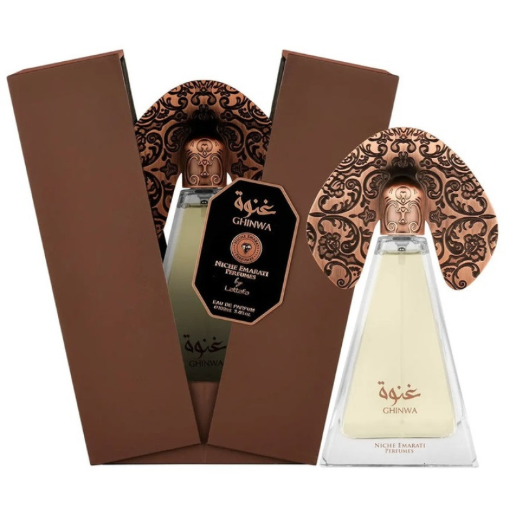 Lattafa Niche Emarati Ghinwa Unisex Eau de Parfum box and bottle 3.4oz 100ml on white background