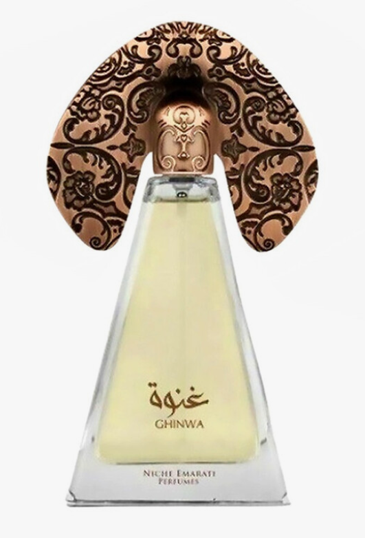 Lattafa Niche Emarati Ghinwa Unisex Eau de Parfum spray bottle 3.4oz 100ml on white background