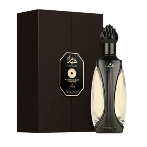 Lattafa Niche Emarati Hayaam Unisex Eau de Parfum box and bottle 3.4oz 100ml on dark background