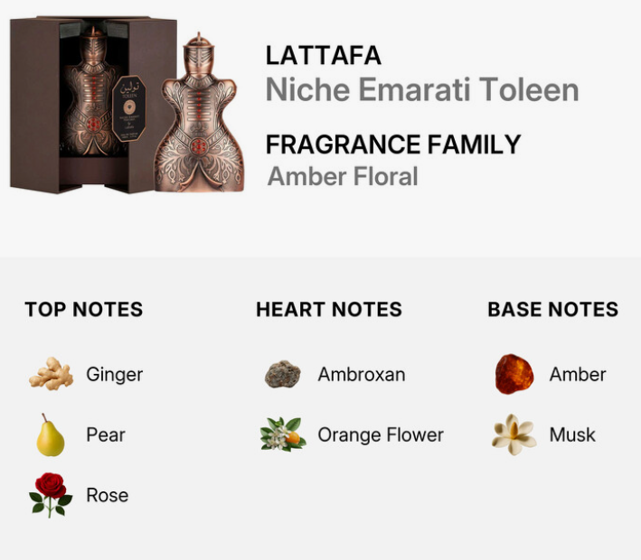 Lattafa Niche Emarati Toleen Unisex EDP 80ml graceful radiant floral oriental fragrance with delicate florals rose jasmine glowing amber gentle oud white musk and sandalwood