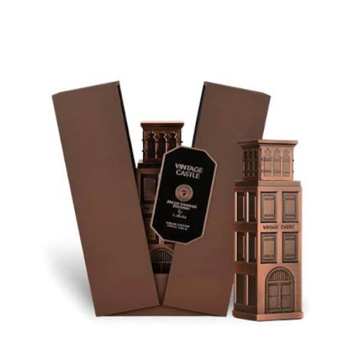 Lattafa Niche Emarati Vintage Castle Men Eau de Parfum box and bottle 3.4oz 100ml on dark background