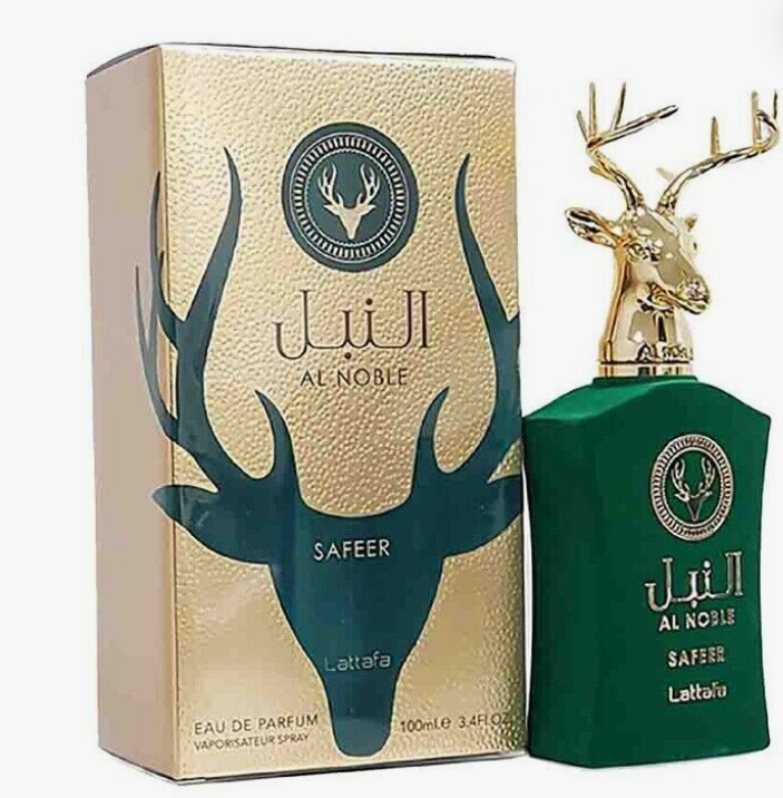 Lattafa Al Noble Safeer Unisex Eau de Parfum box and bottle 3.4oz 100ml on white background