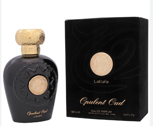 Lattafa Opulent Oud Unisex Eau de Parfum box and bottle 3.4oz 100ml on white background