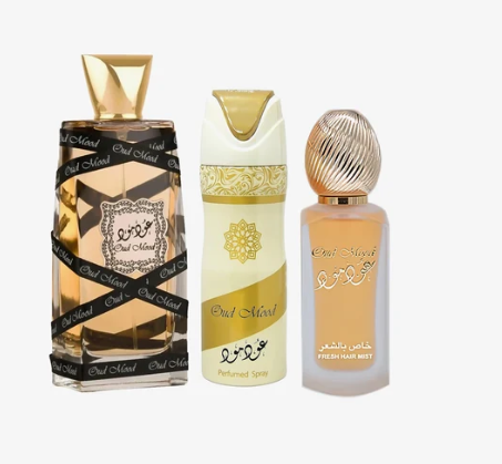 Three perfume and deodorant bottles from the brand Eul Maad, including Fresh Hair Mist, Perfumed Spray, and another fragrance, arranged side-by-side on a plain white background.