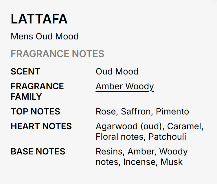 A text-based fragrance notes card for LATTAFKA, showing scent as Oud Mood, fragrance family as Amber Woody, with listed top, heart, and base notes on a light gray background.