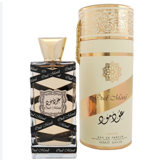 Lattafa Oud Mood Unisex Eau de Parfum box and bottle 3.4oz 100ml on dark background